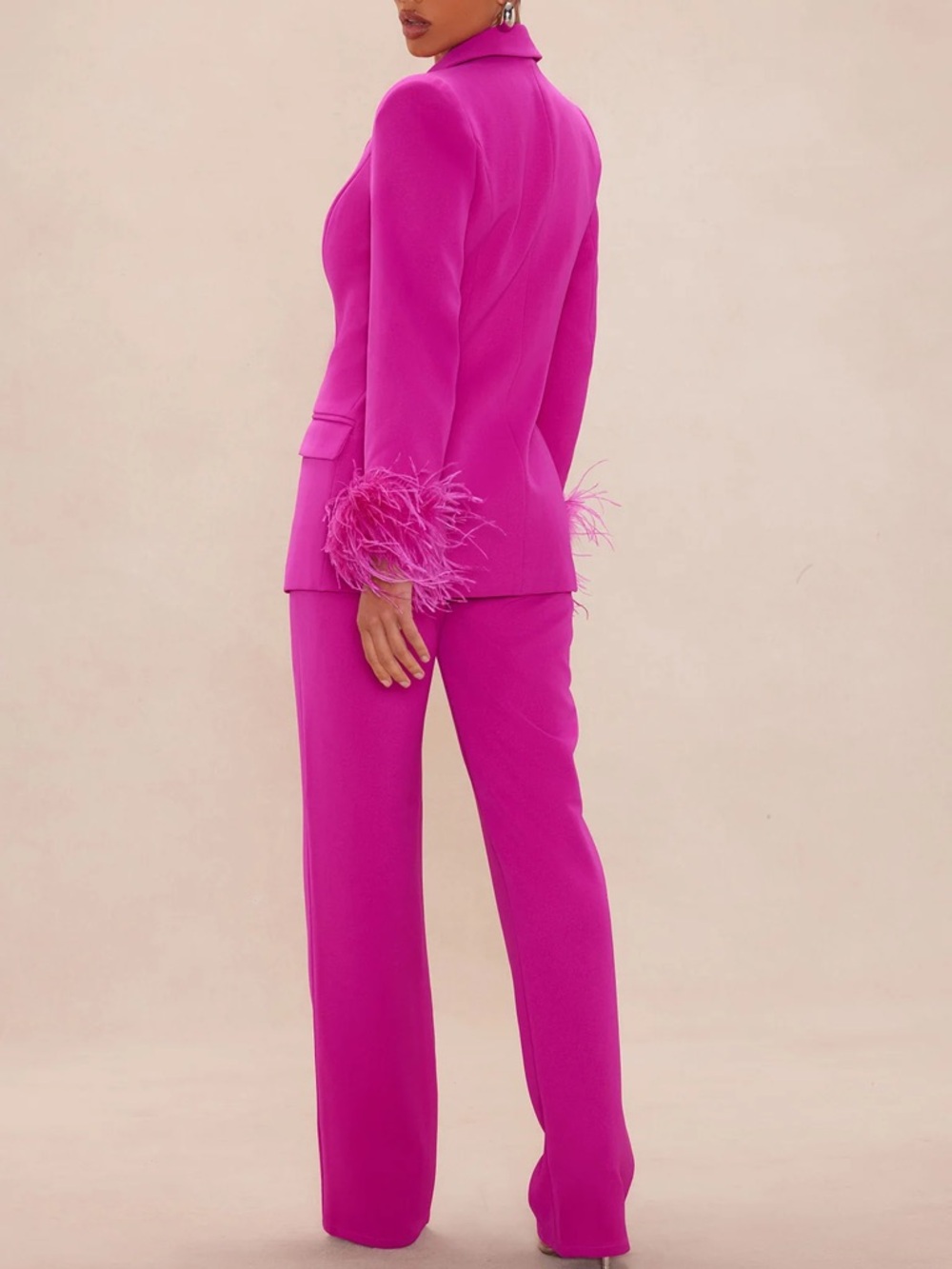 Fashion Nova Hot Pink Feather-Cuff Suit Jacket & Trousers - Picture 2 of 4